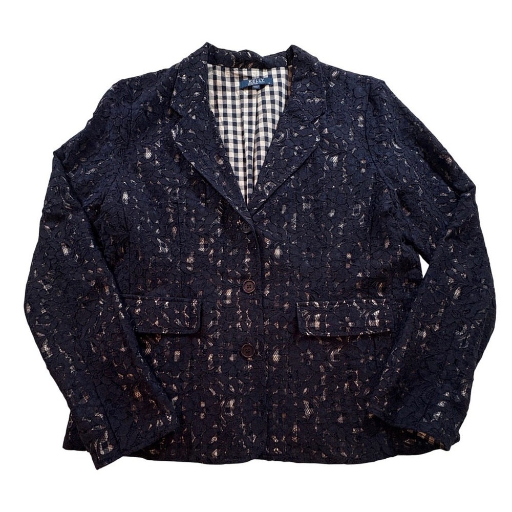 Kelly by Clinton Kelly Lace Blazer Womens 14 Navy Blue Floral Gingham Lined Work